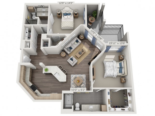 A 3D floor plan rendering of a modern apartment with two bedrooms, a kitchen, and a living area.