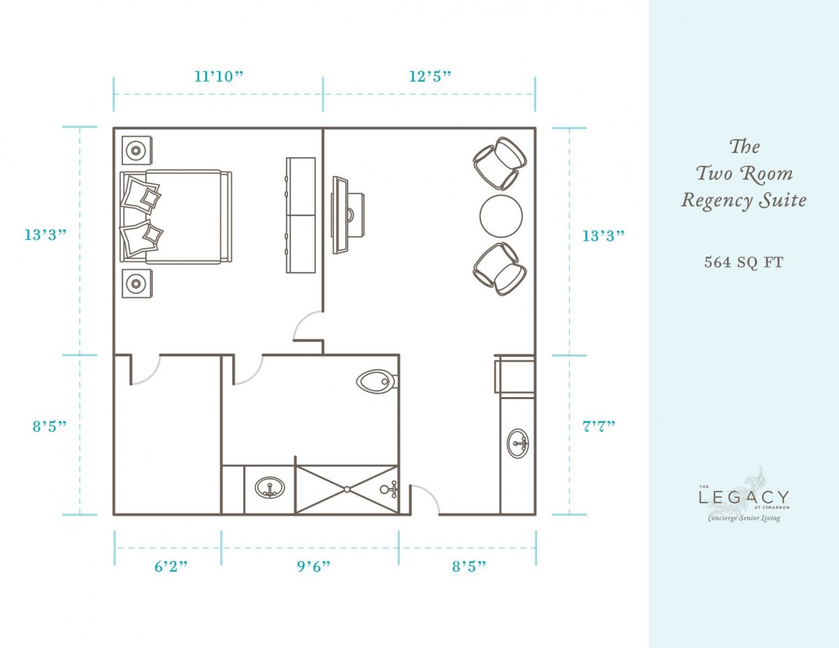 Studio apartment floor plan with labeled dimensions.