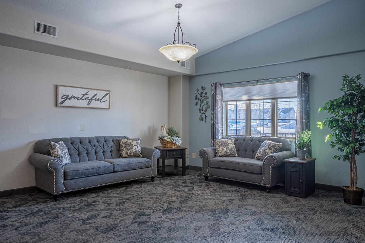 A cozy living room with two gray sofas and a decorative chandelier.