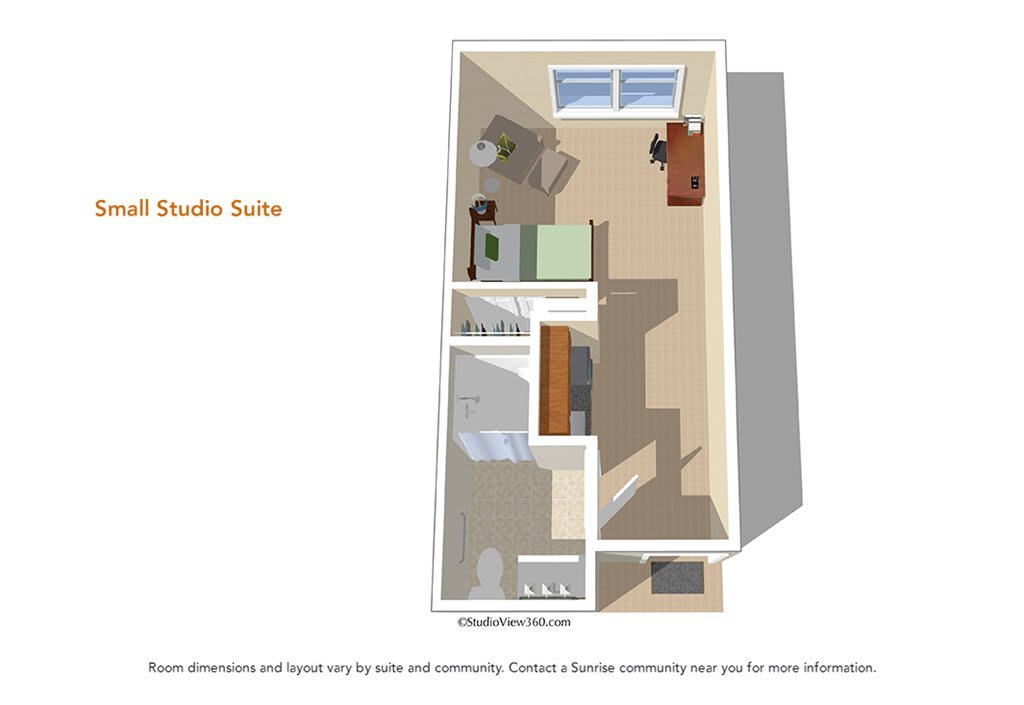 A 3D floor plan of a studio suite with a living area, kitchen, and bathroom.