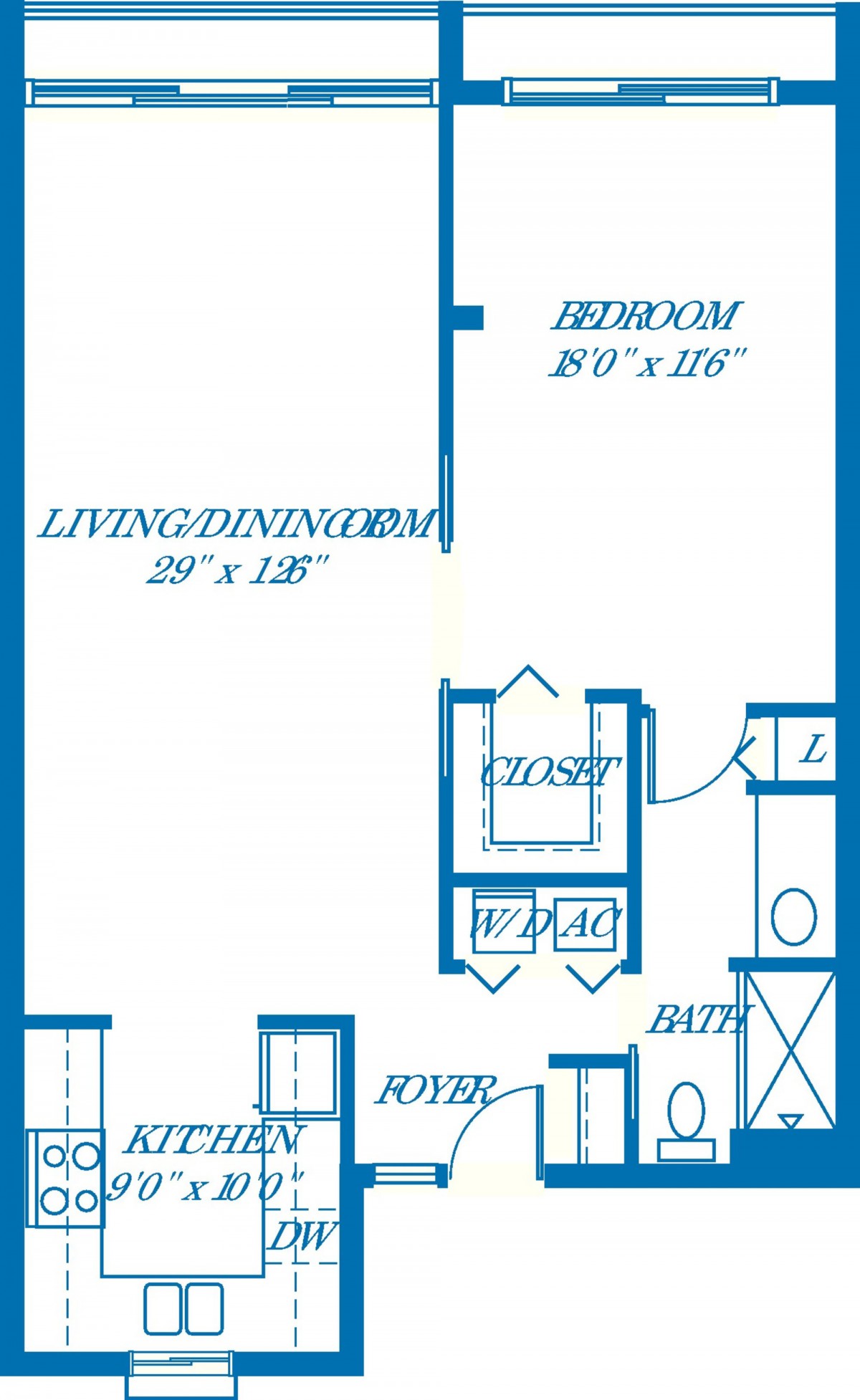 A blueprint of an apartment floor plan with labeled room dimensions.