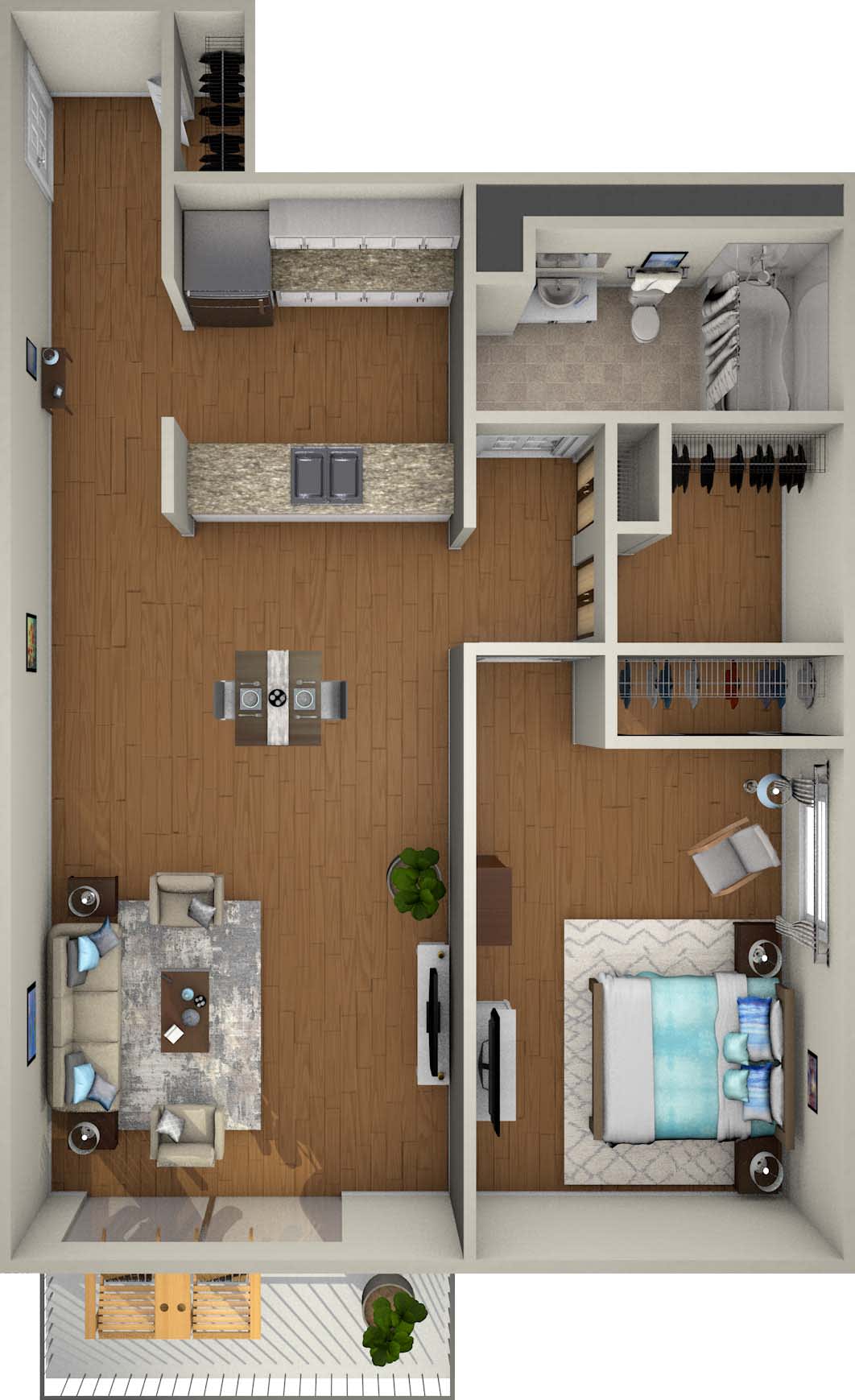 A detailed floor plan of an apartment showcasing a living room, kitchen, bedroom, and bathroom.