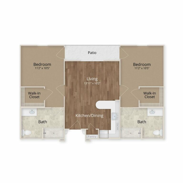 A floor plan showing a two-bedroom apartment with a central living area, kitchen, and bathrooms adjacent to each bedroom.