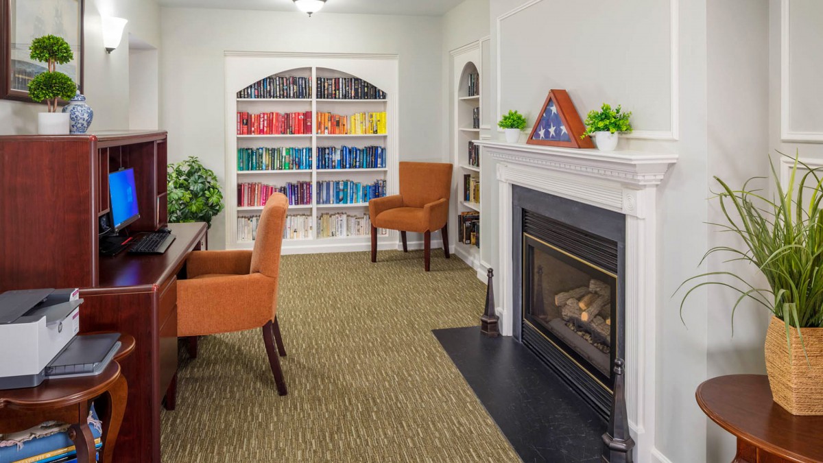 A cozy reading room featuring a color-coded bookshelf and a fireplace.