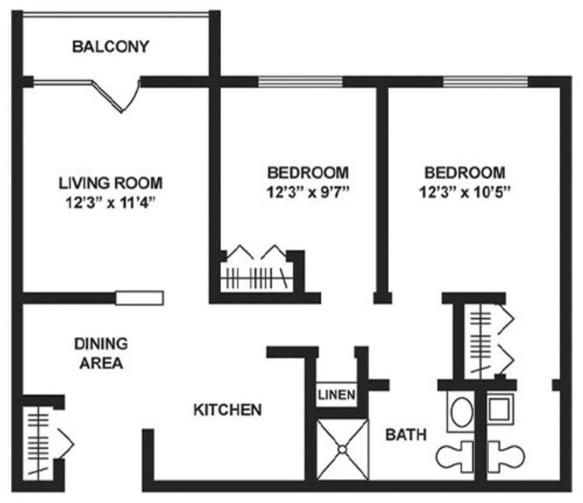 A floor plan of a two-bedroom apartment with a living room, kitchen, dining area, bathroom, and balcony.