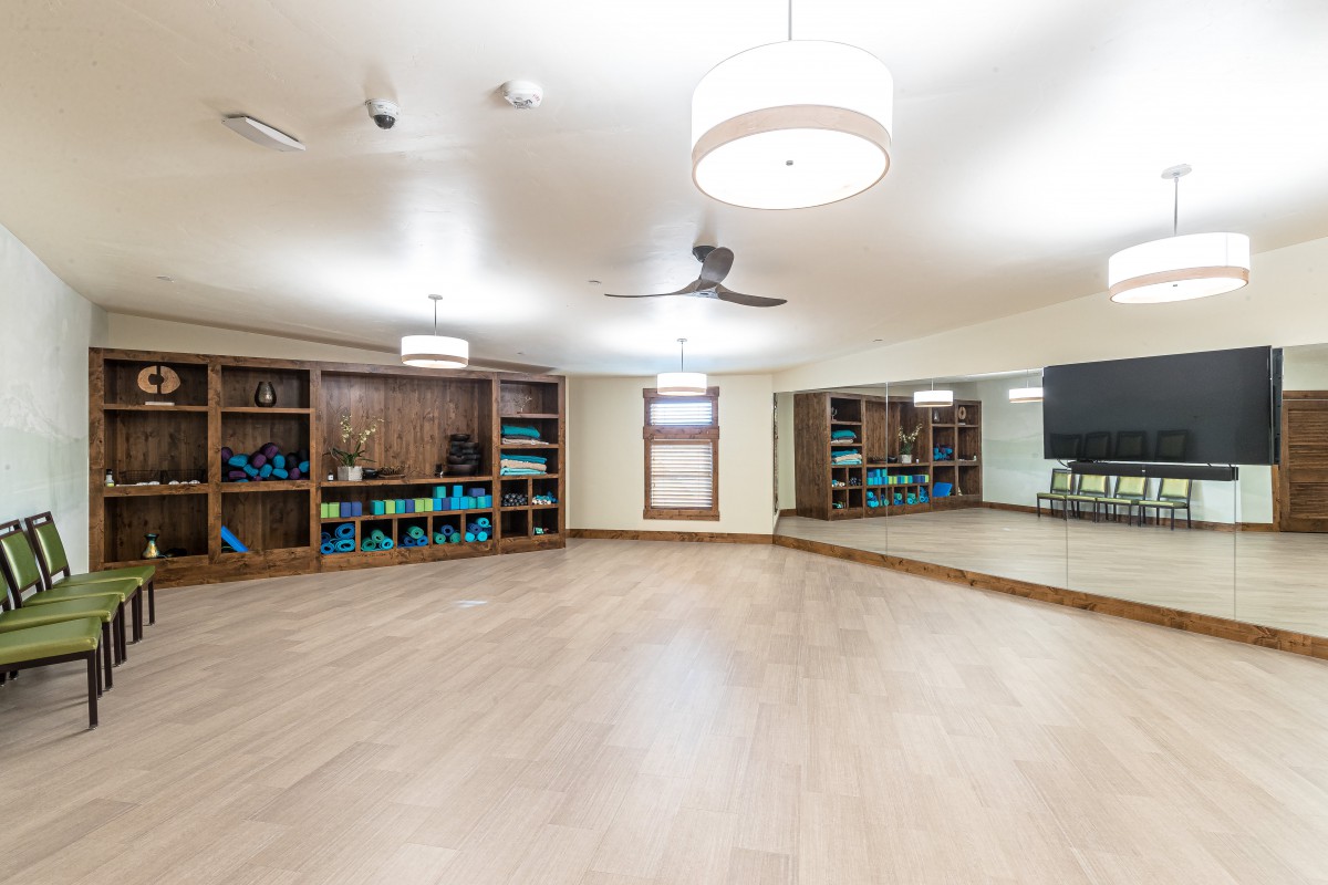 A spacious exercise room featuring hardwood floors, large mirrors, shelves with fitness equipment, and modern lighting.