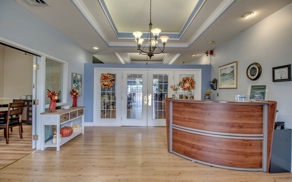 A welcoming office reception area with a wooden desk and decorative elements.