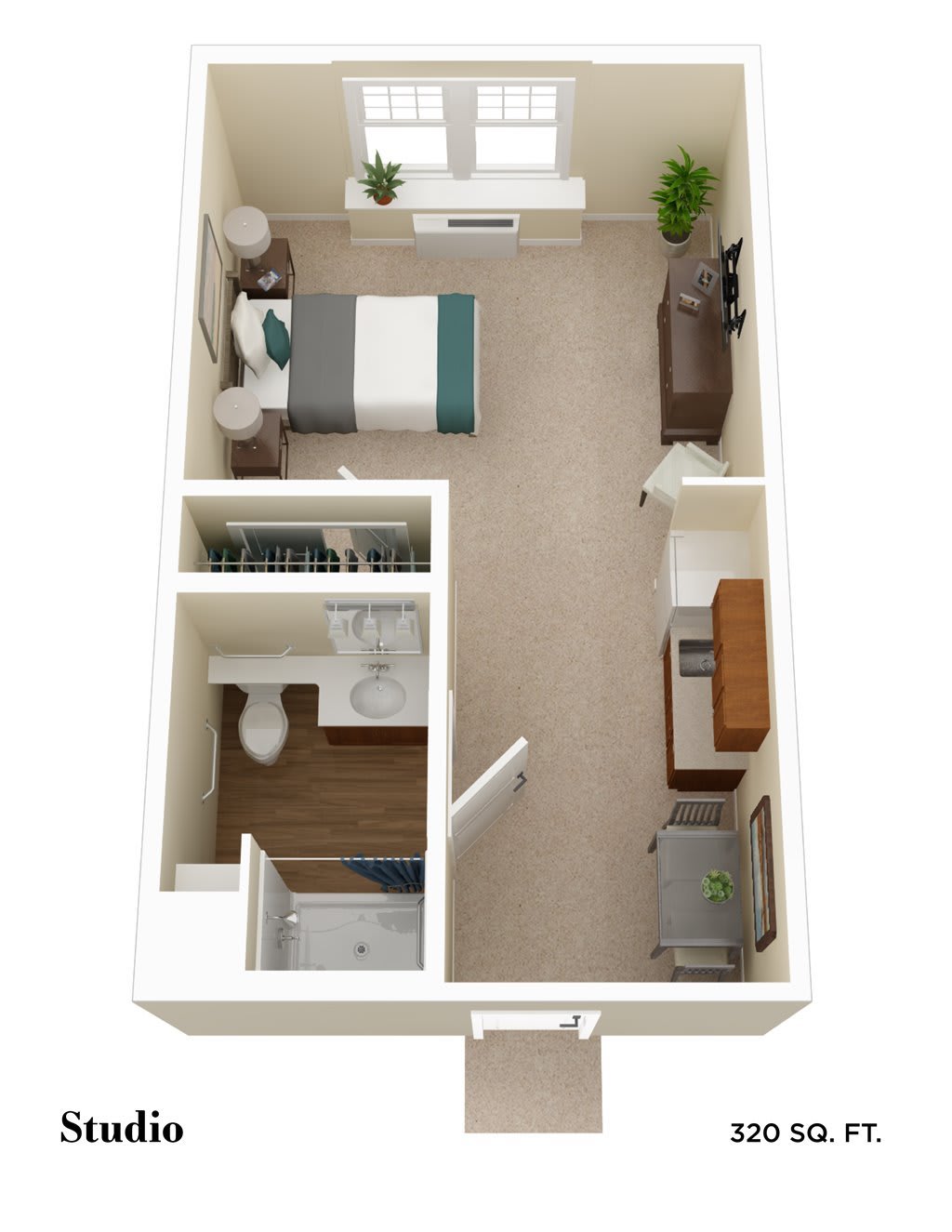 A 3D floor plan of a studio apartment featuring a bed, kitchen area, and bathroom.