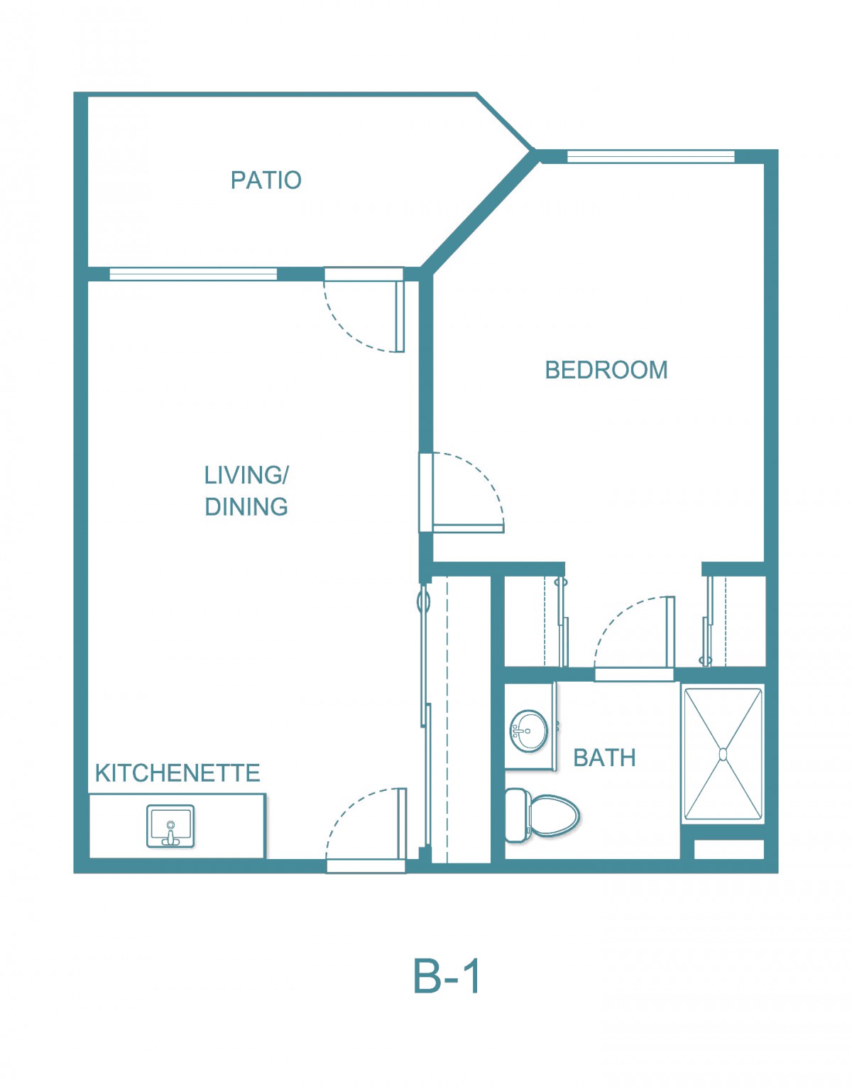 Blueprint of a one-bedroom apartment layout with a kitchenette, living/dining area, bathroom, bedroom, and patio.