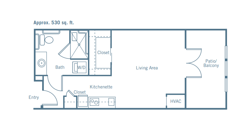 A simple floor plan featuring a living area, kitchenette, bathroom, and closet spaces.