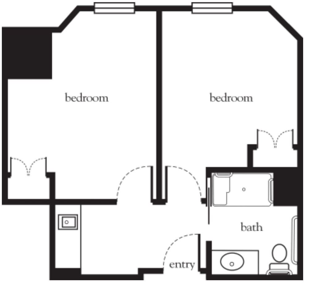 A floor plan of an apartment featuring two bedrooms, a bathroom, and an entryway.