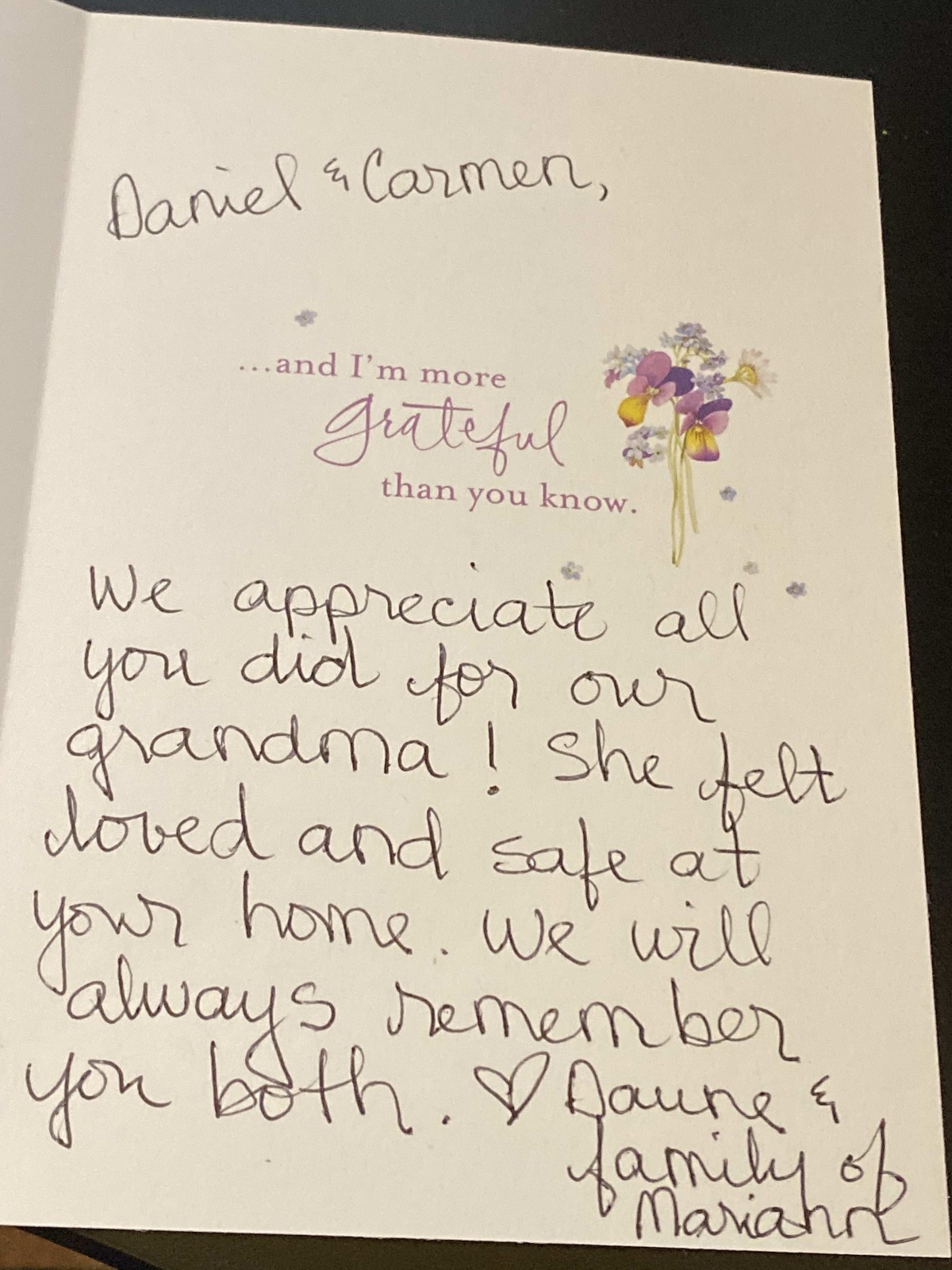 A heartfelt handwritten thank you card expressing gratitude for care and kindness.