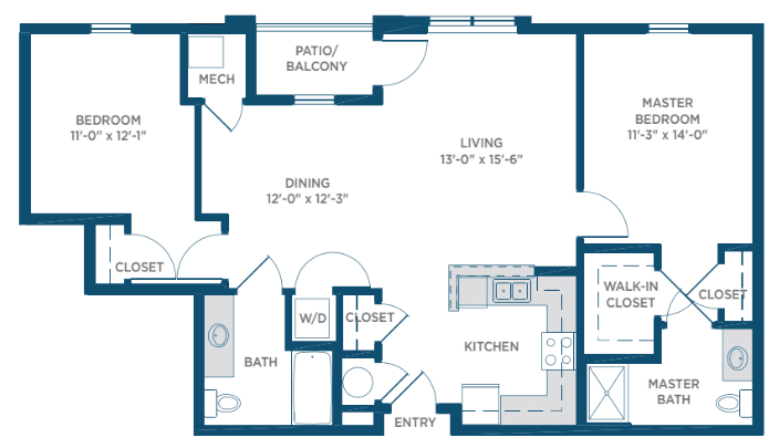 A blueprint of an apartment floor plan with designated living, dining, kitchen, and bedroom areas.