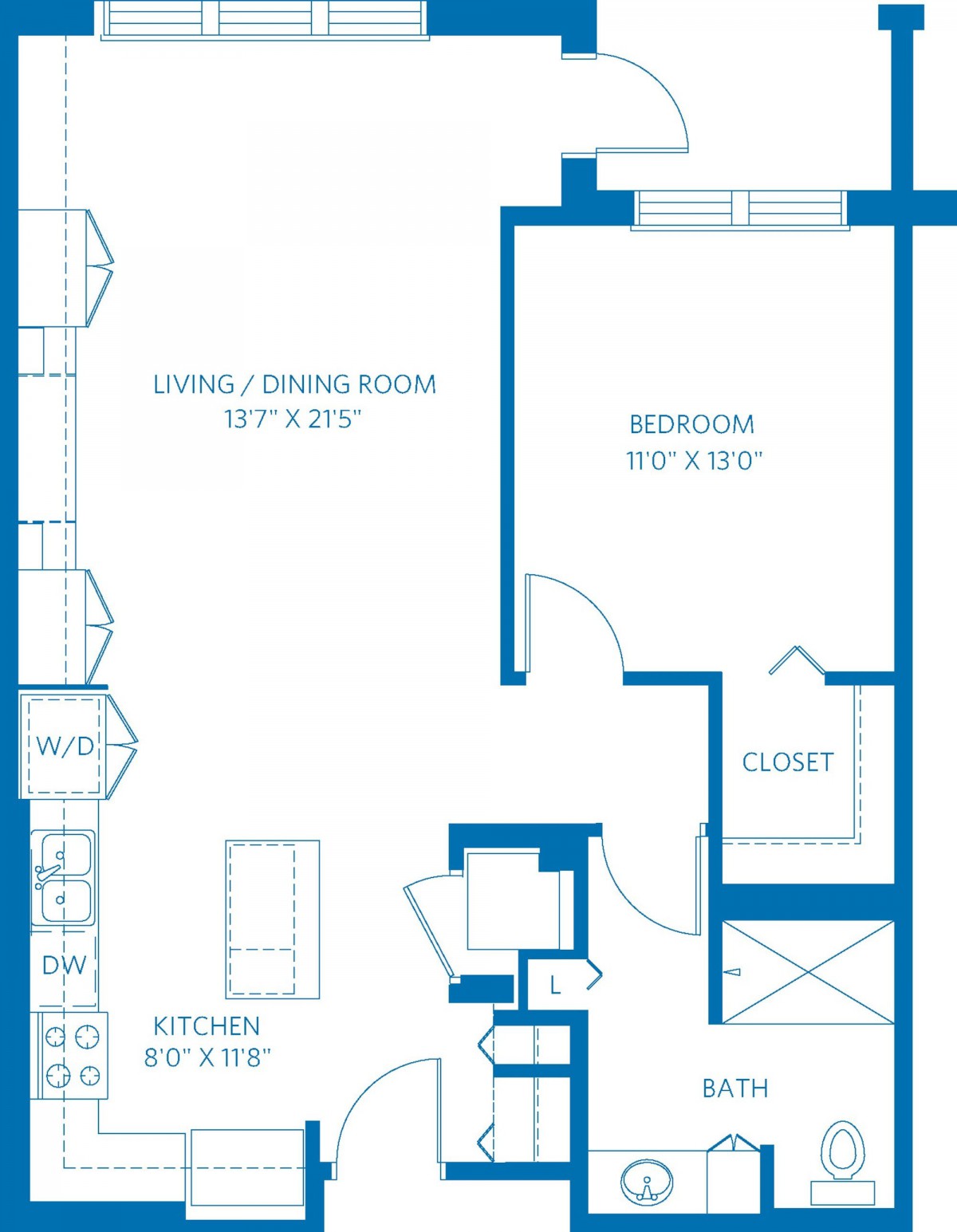 A detailed floor plan of an apartment featuring a bedroom, living/dining room, and kitchen.