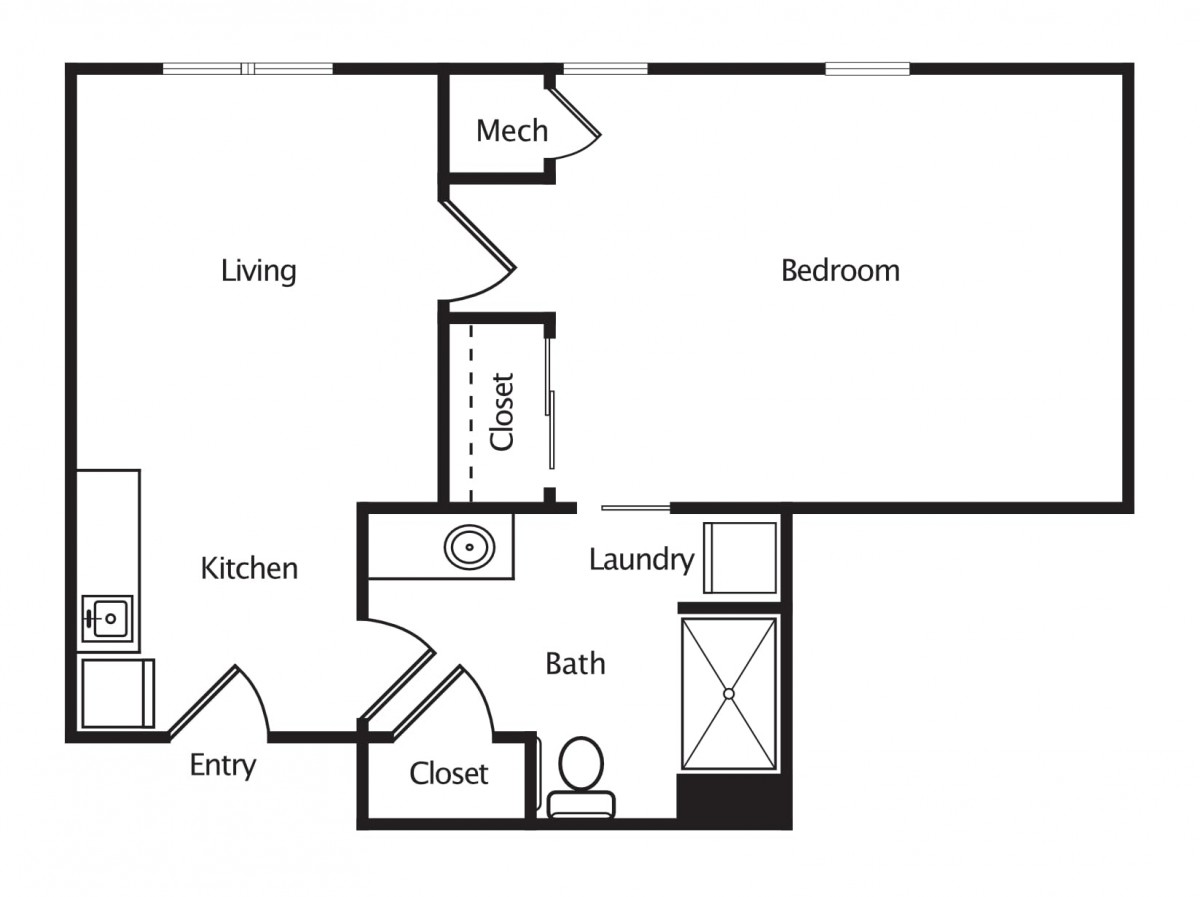 A simple floor plan showing a 1-bedroom apartment layout with kitchen, living area, bathroom, and laundry space.