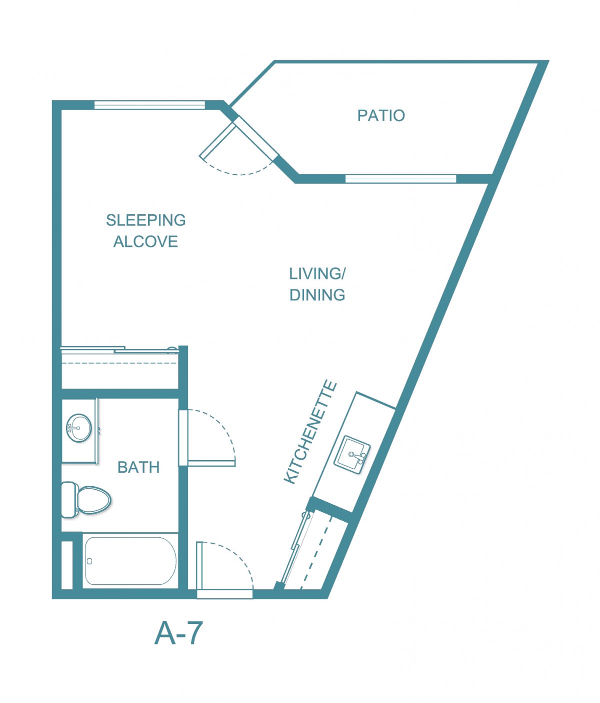 Studio apartment floor plan with patio, sleeping alcove, and living area.