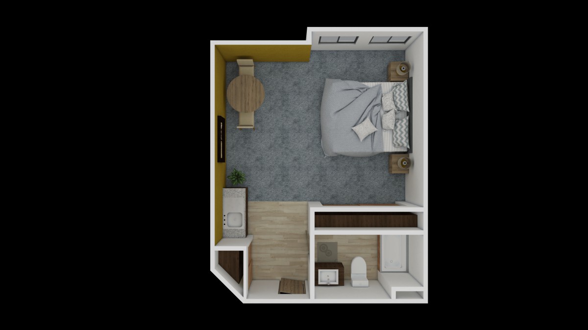 A 3D floor plan of a bedroom featuring a bed, desk, and bathroom.