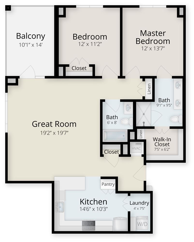 This image is a floor plan of a two-bedroom apartment featuring a master bedroom, great room, kitchen, balcony, bathrooms, and a walk-in closet.