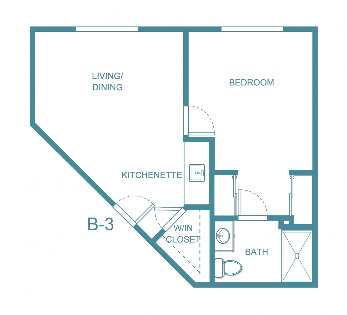 A floor plan of a compact apartment unit, featuring a living/dining area, bedroom, kitchenette, and bathroom.