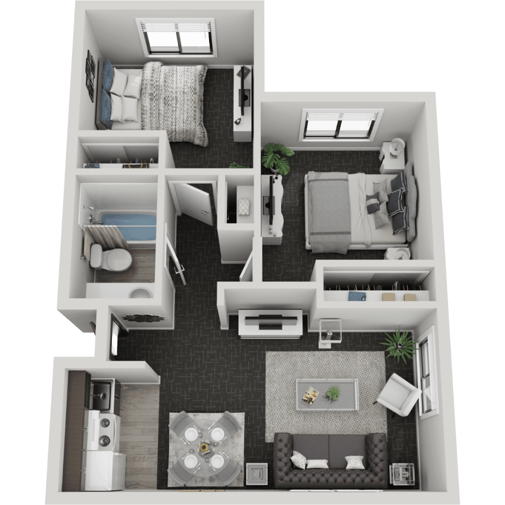 3D floor plan of a two-bedroom apartment with living room, kitchen, and bathroom.