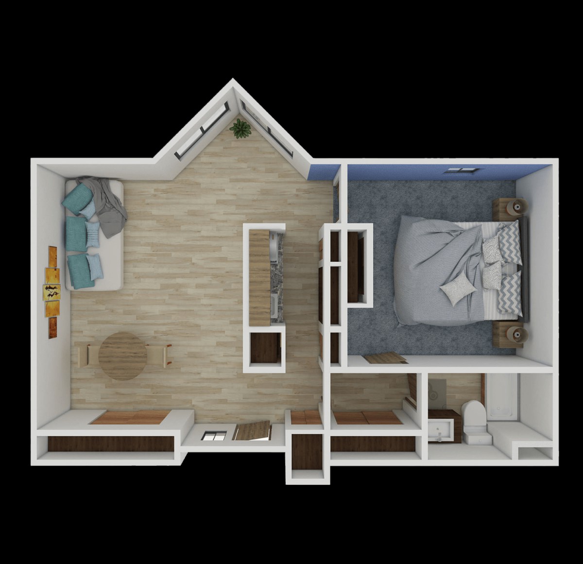 A 3D floor plan of a one-bedroom apartment with an open living area, kitchen, bathroom, and bedroom.