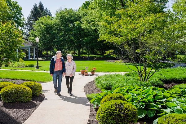 A couple walking together on a pathway through a lush green park.