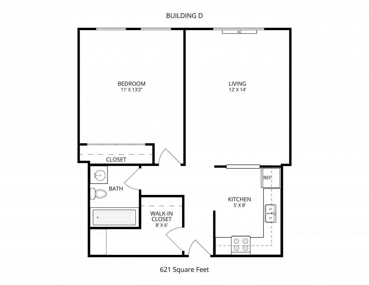 A floor plan showcasing a one-bedroom apartment with a living room, kitchen, and bathroom.