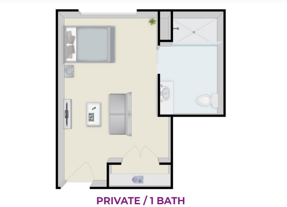 A floor plan showing a private apartment with one bedroom and one bathroom.