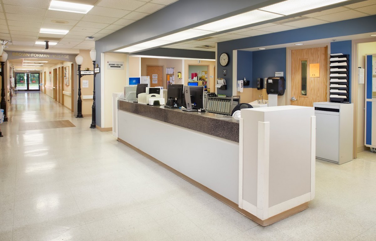 A hospital reception area with a clean and modern design.
