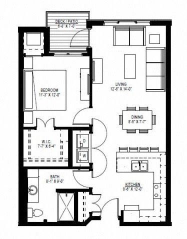 A detailed floor plan of an apartment, showing rooms and furniture layout.