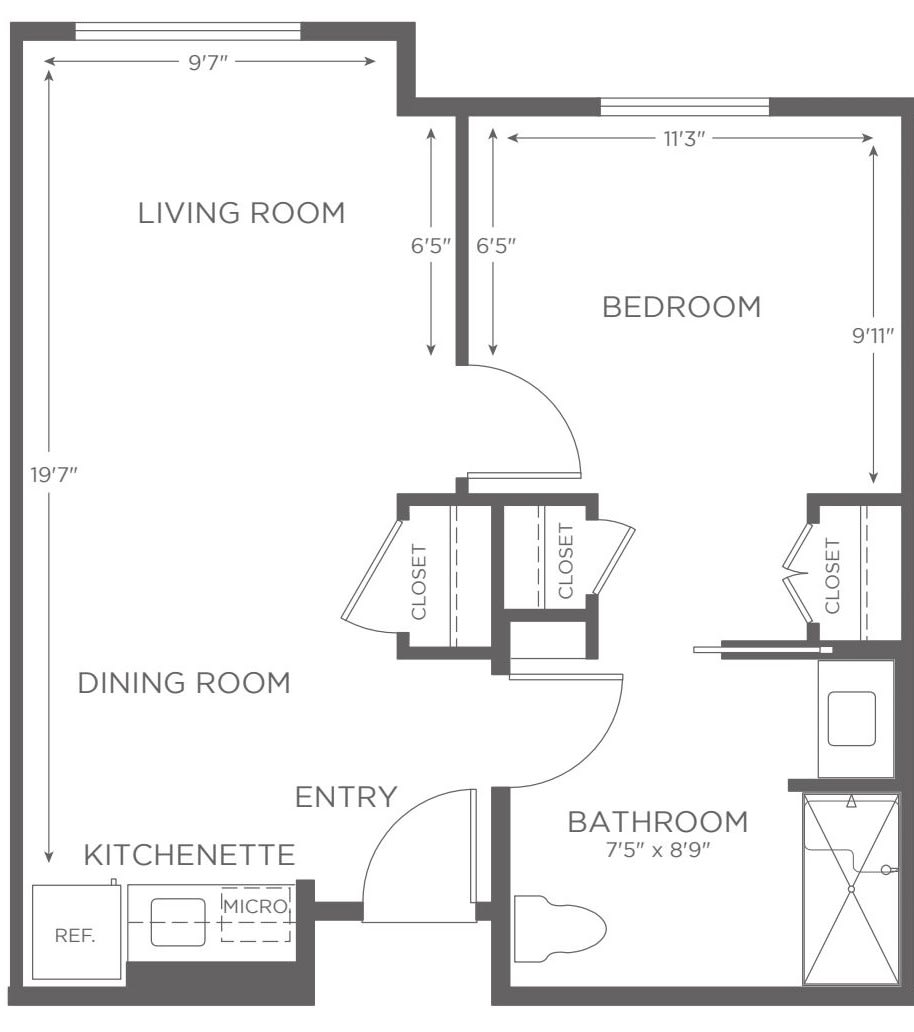 A detailed floor plan of a one-bedroom apartment, featuring a living room, dining room, kitchenette, and bathroom.