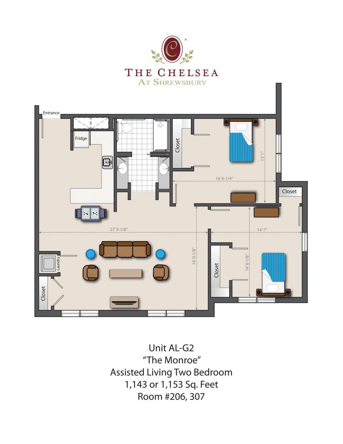 Floor plan of Unit AL-02: The Milano, an assisted living two-bedroom apartment with 1,153 sq. ft.