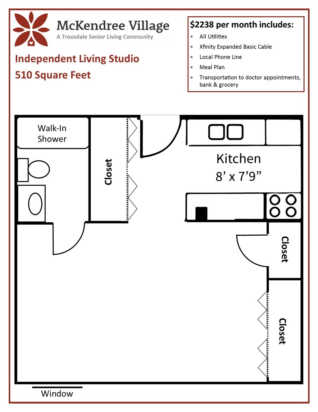Floor plan of an independent living studio apartment with a kitchen and bathroom.