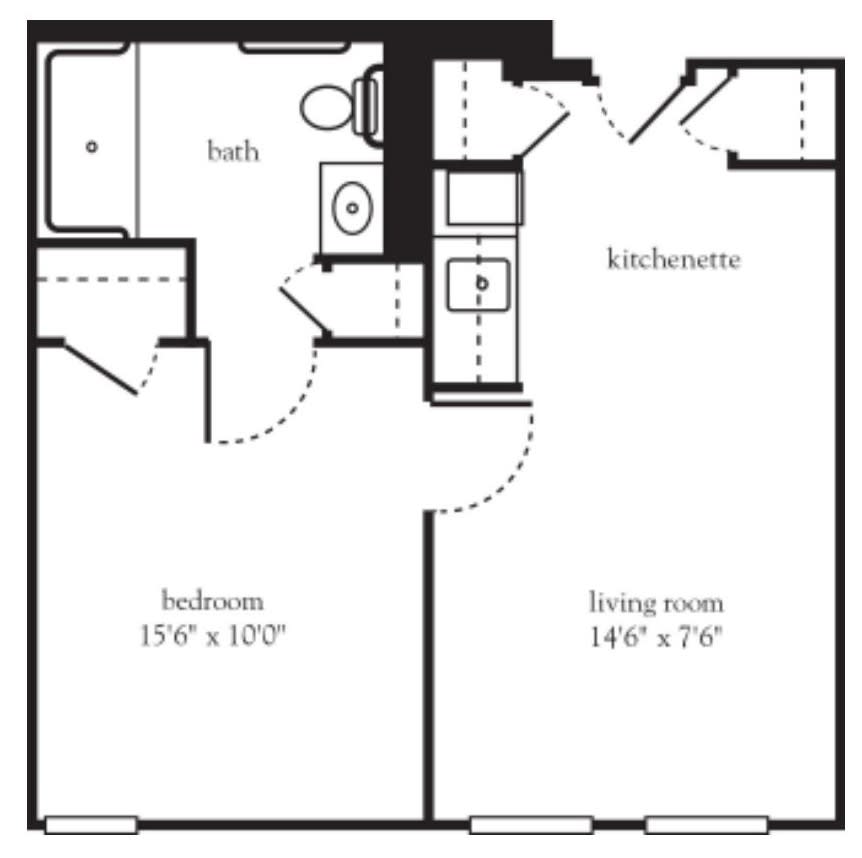 A floor plan of a one-bedroom apartment featuring a bathroom, kitchenette, and living room.