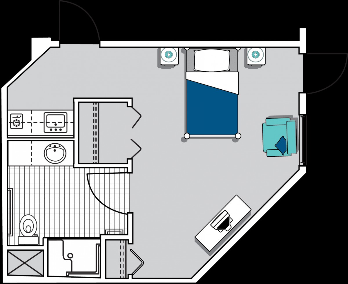 A floor plan of a studio apartment featuring a bedroom area, bathroom, and furniture layout.