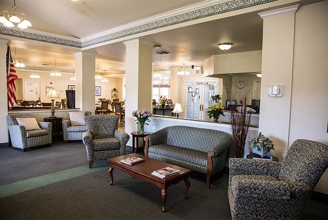Elegant hotel lobby with comfortable seating and classic decor.