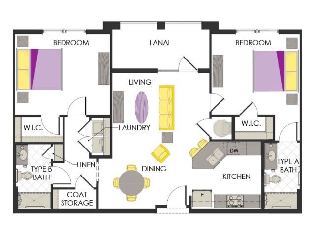 A floor plan of an apartment showing room arrangements and labeled areas.