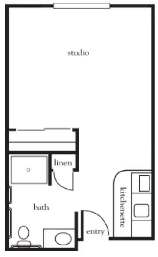A simple studio apartment floor plan featuring a combined living and sleeping area, kitchen, bath, and linen closet.