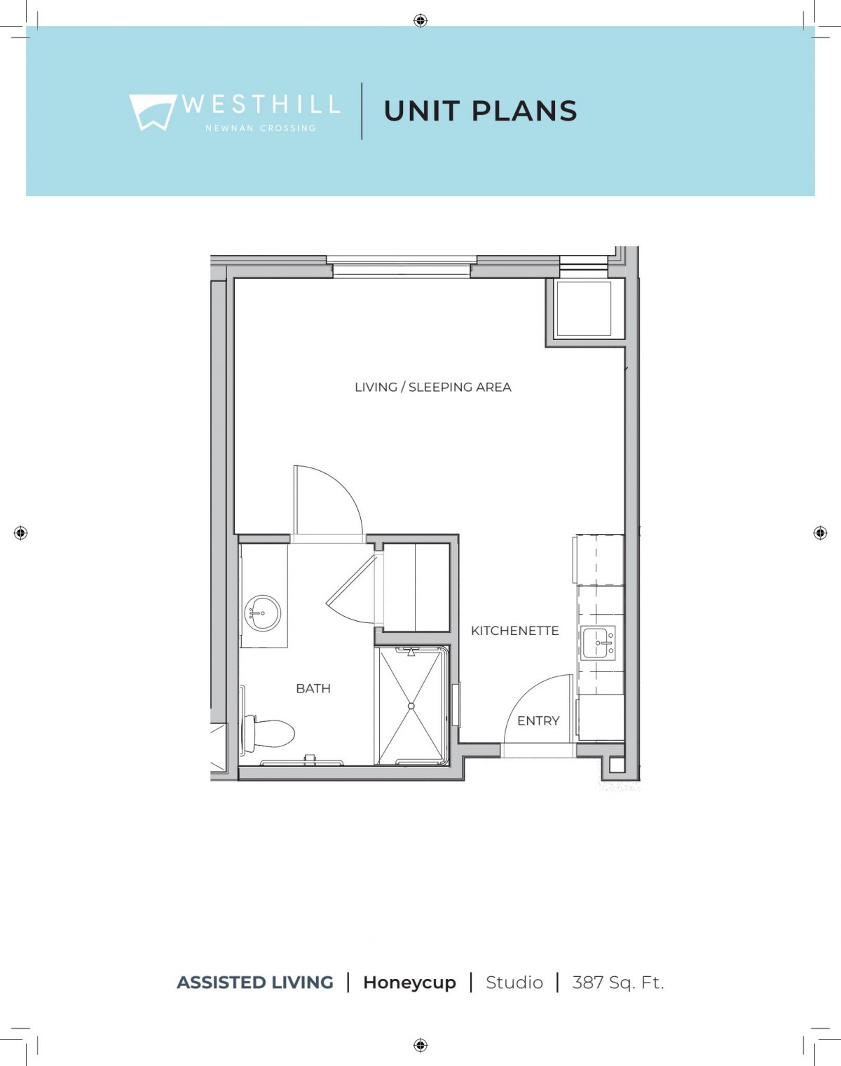 Studio apartment floor plan layout.