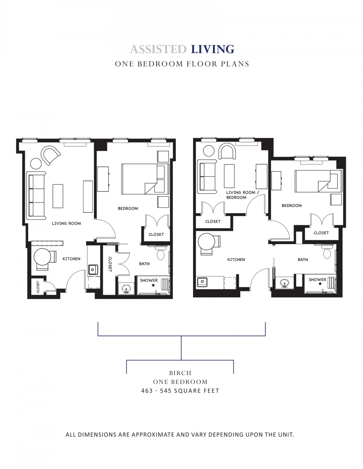 Floor plans for one-bedroom apartments showcasing different layout options.