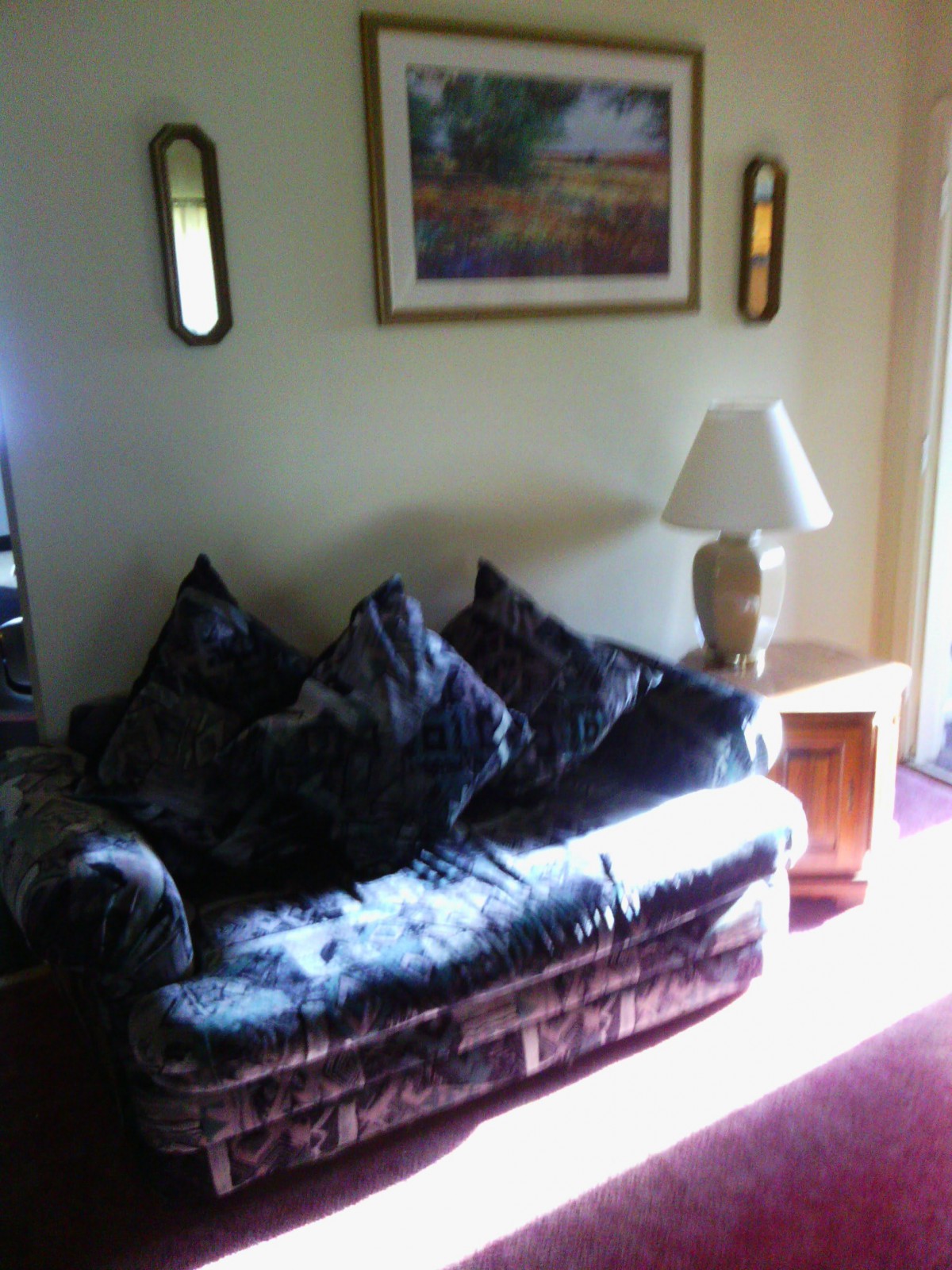 A cozy living room with a sofa, cushions, and a lamp on a side table.