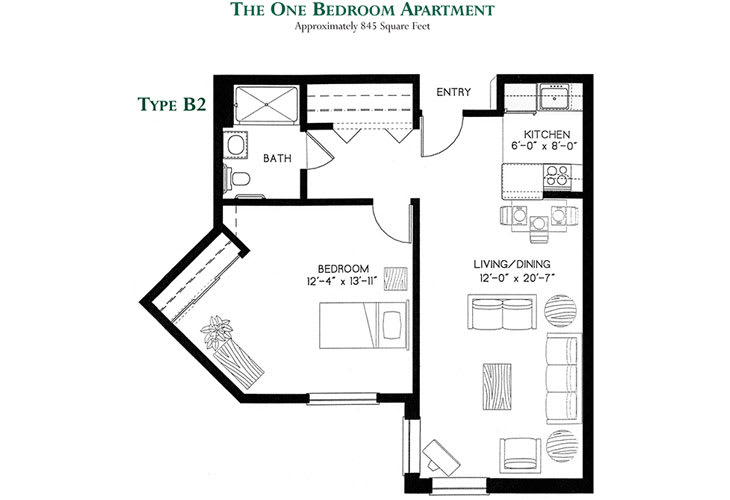 Floor plan of a one-bedroom apartment with labeled living/dining area, kitchen, bedroom, and bathroom.