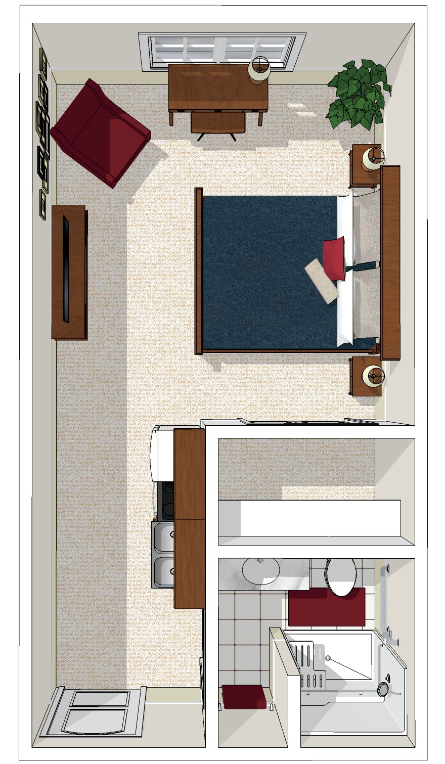 Top view of a bedroom floor plan with furniture layout.
