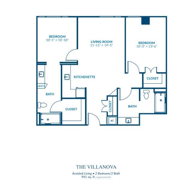 A detailed blueprint of a two-bedroom apartment layout with labeled rooms and features.