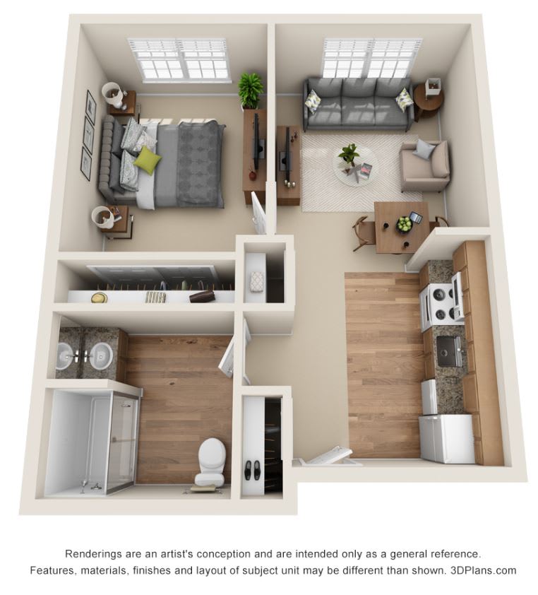 A 3D rendered floor plan of a one-bedroom apartment featuring a kitchen, living room, and bathroom.