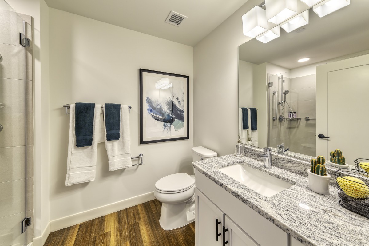 A modern bathroom featuring a granite countertop, framed artwork, and wooden flooring.