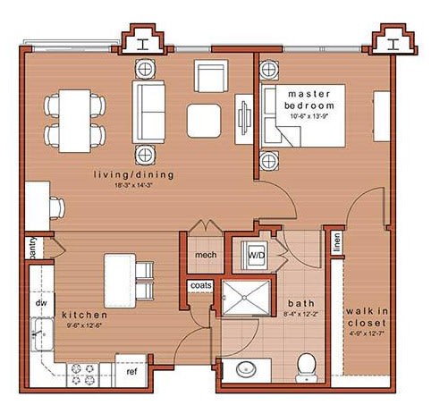 A floor plan of a one-bedroom apartment featuring a kitchen, living area, bathroom, and balcony.