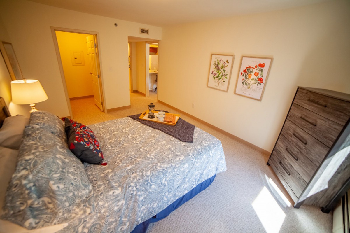 A cozy bedroom with a neatly made bed, wall art, and natural lighting.