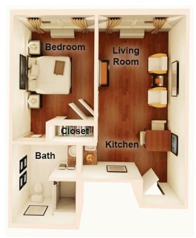 A compact and efficient apartment floor plan featuring a bedroom, living room, kitchen, and bathroom.