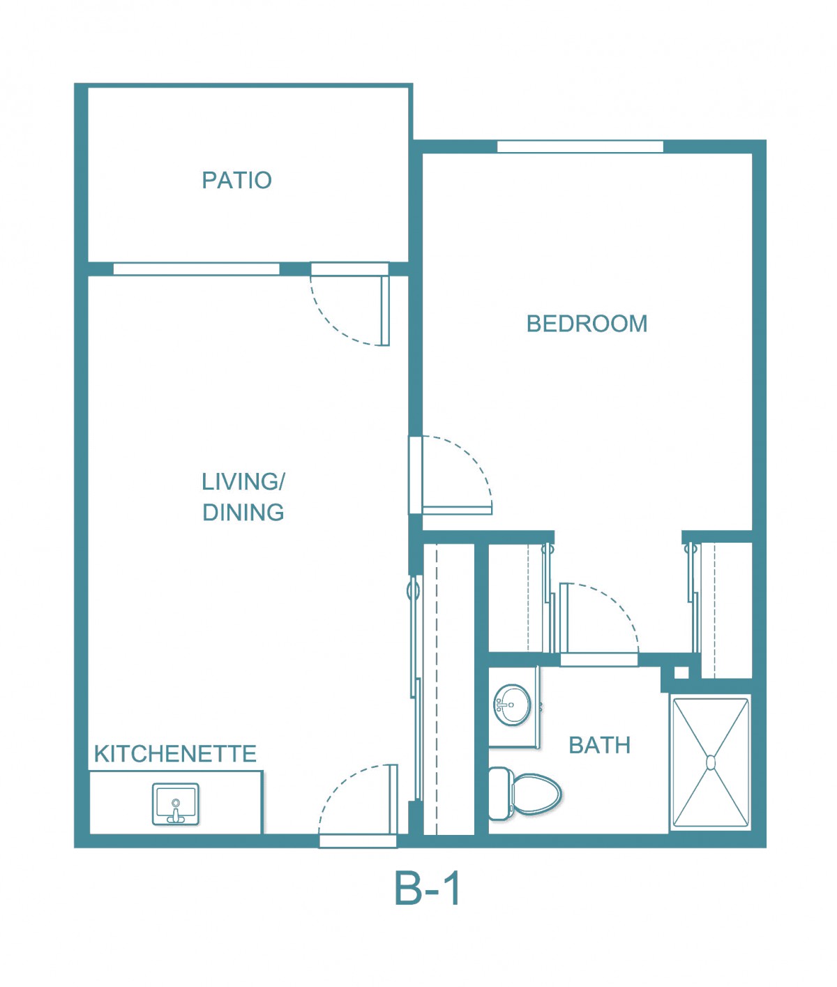 This is a floor plan of a one-bedroom apartment featuring a living space, kitchenette, bathroom, and patio.